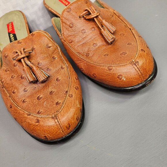 Vintage Paul Mayer Tan Ostrich Leather Low Heel Tassel Mules Size 7 - Picture 10 of 12